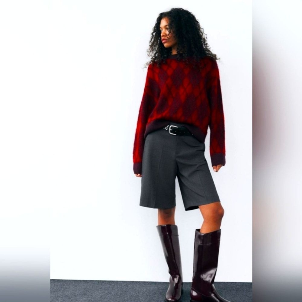 Zara Burgundy High Shine Flat Knee High Boots Round Toe Dark Red Pull On‎ NEW 8M